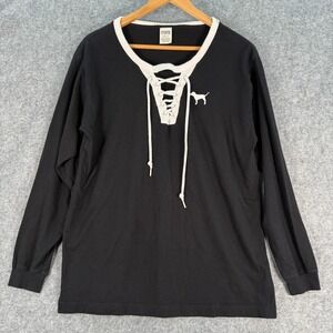 Victoria's Secret Pink Womens Lace Up L/S Shirt Top Black Large‎ L Lounge Cozy